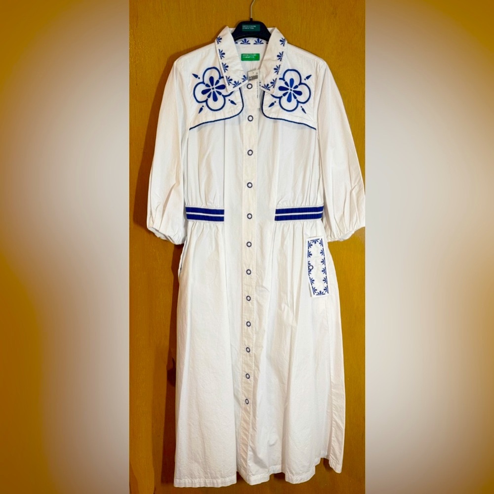 United Colors Of Benetton White and Blue Midi Dress with Bishop Sleeves